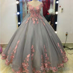 Pink Floral Lace Appliques Gray Tulle Ball Gown Wedding Dresses