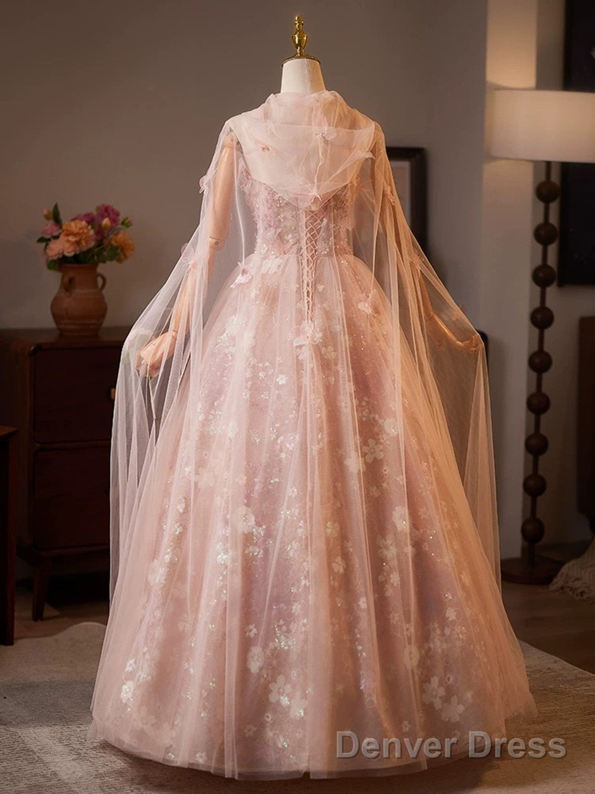 Pink Floral Lace Long Party Dress, A-Line Tulle Pink Formal Gown With Cape Secondary image
