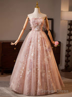 Pink Floral Lace Long Party Dress, A-Line Tulle Pink Formal Gown With Cape