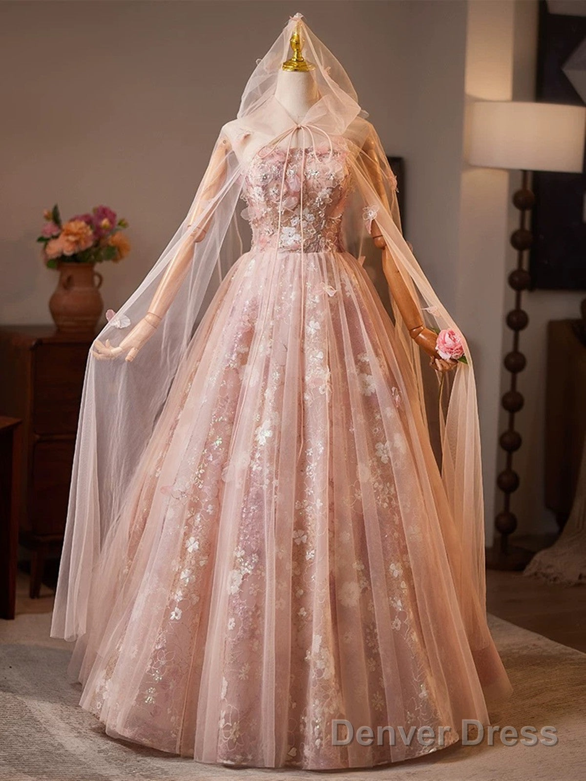 Pink Floral Lace Long Party Dress, A-Line Tulle Pink Formal Gown With Cape Main image