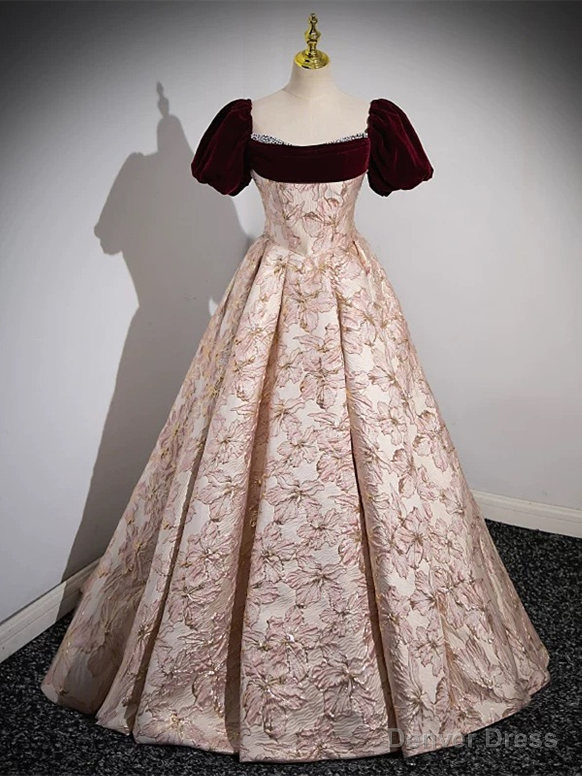 Pink Floral Off Shoulder Beaded Long Prom Dress, Pink Floor Length Party Dress Secondary image