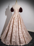 Pink Floral Off Shoulder Beaded Long Prom Dress, Pink Floor Length Prom Dresses