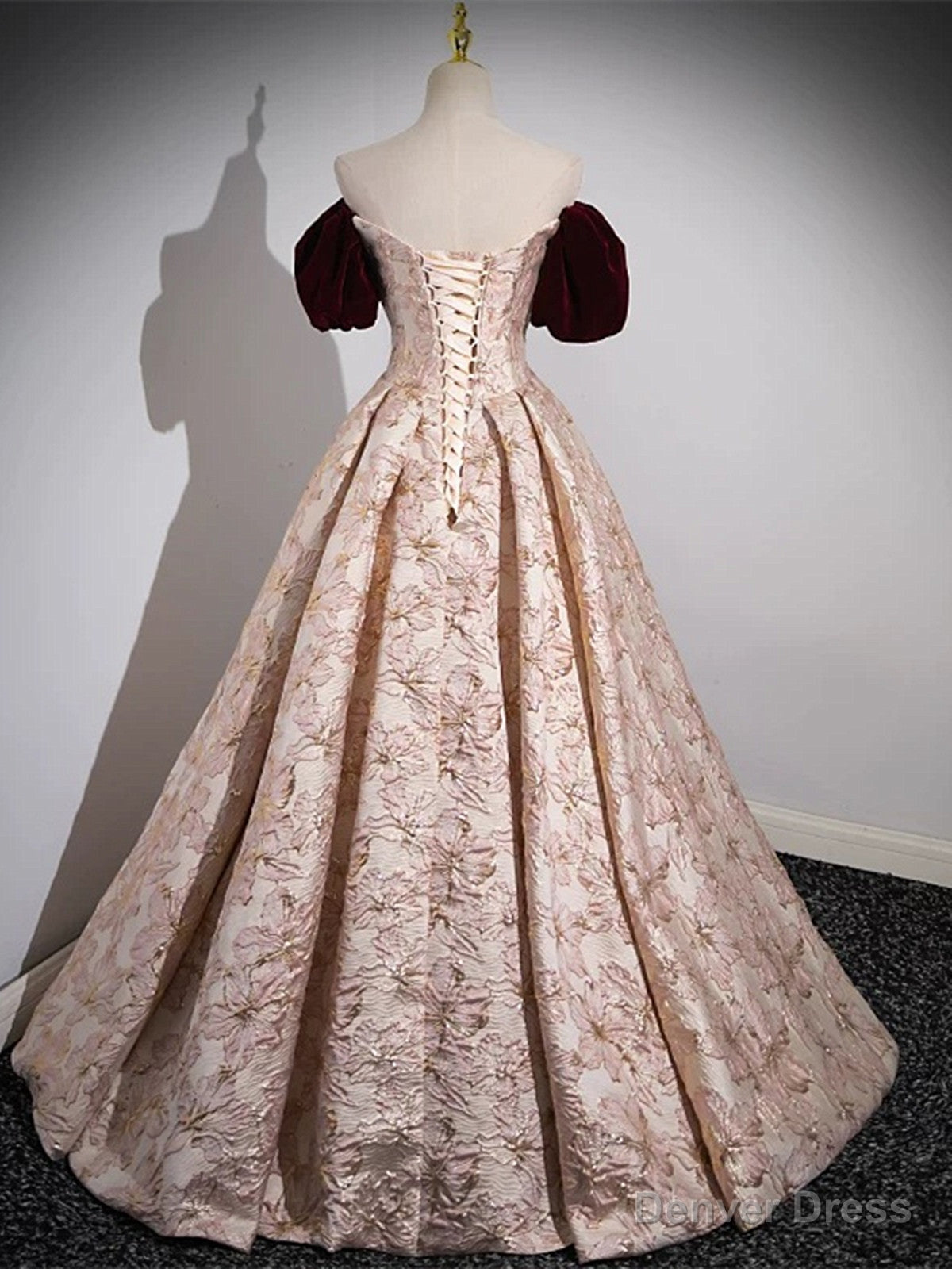 Pink Floral Off Shoulder Beaded Long Prom Dress, Pink Floor Length Prom Dresses