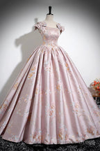 Pink Floral Satin Long Prom Dress, Beautiful A-Line Evening Dress With Bow
