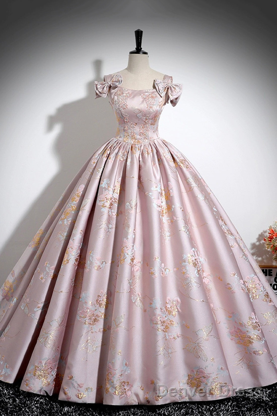 Pink Floral Satin Long Prom Dress, Beautiful A-Line Evening Dress With Bow Main image