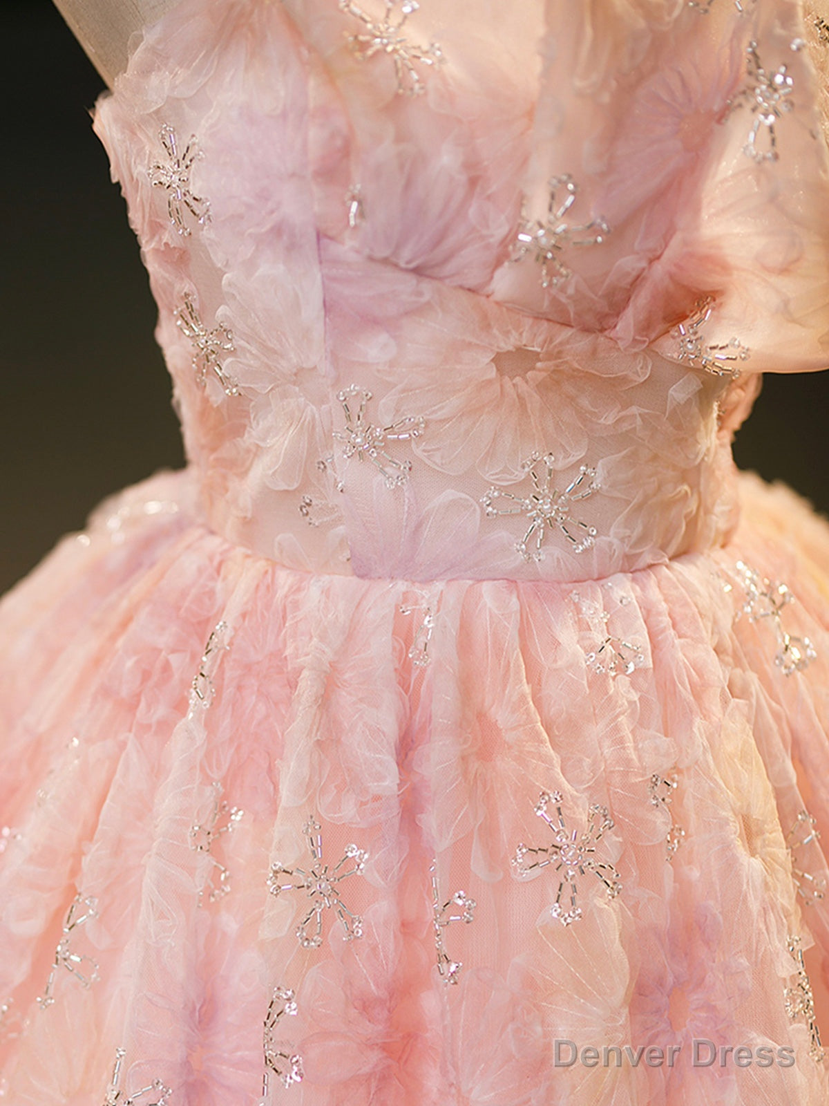 Pink Flower Long Princess Dress, Pink Strapless Prom Dresses