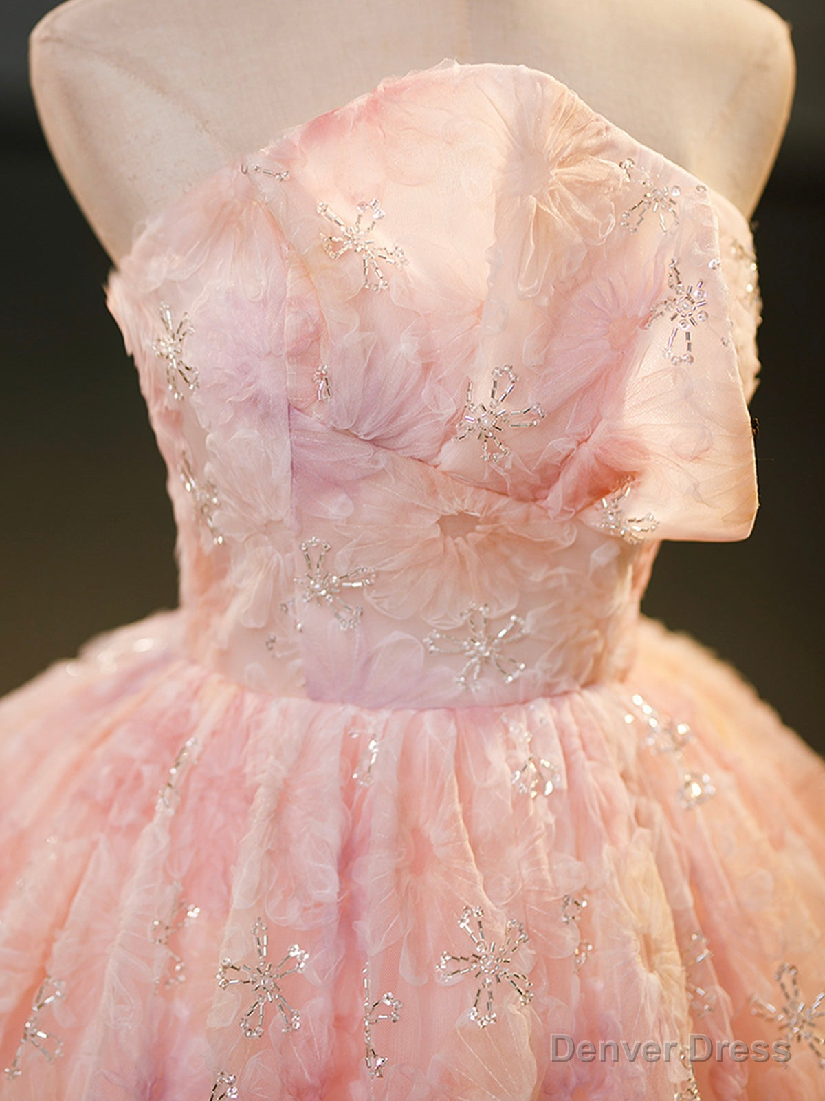 Pink Flower Long Princess Dress, Pink Strapless Prom Dresses
