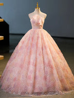 Pink Flower Long Princess Dress, Pink Strapless Prom Dresses