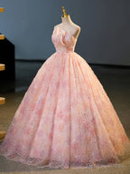 Pink Flower Long Princess Dress, Pink Strapless Prom Dresses