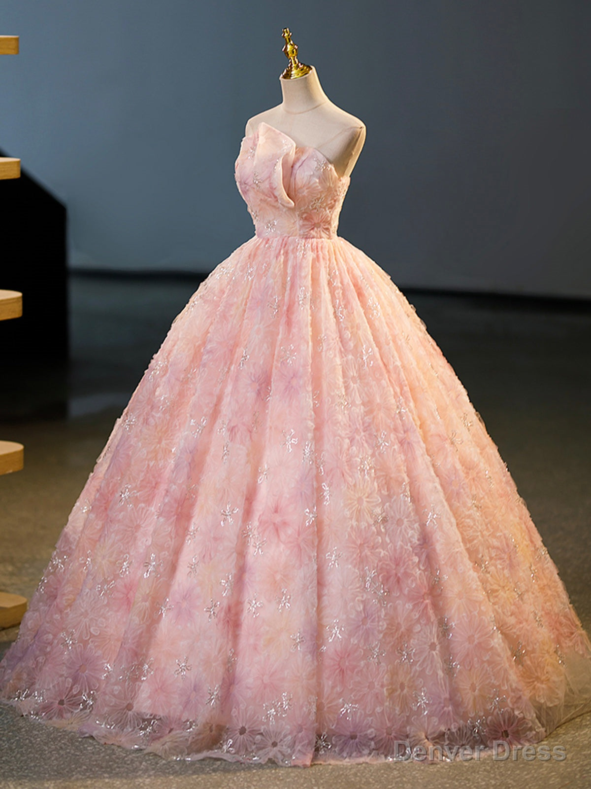 Pink Flower Long Princess Dress, Pink Strapless Prom Dresses
