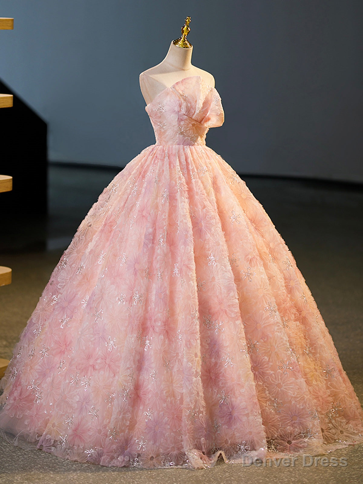 Pink Flower Long Princess Dress, Pink Strapless Prom Dresses