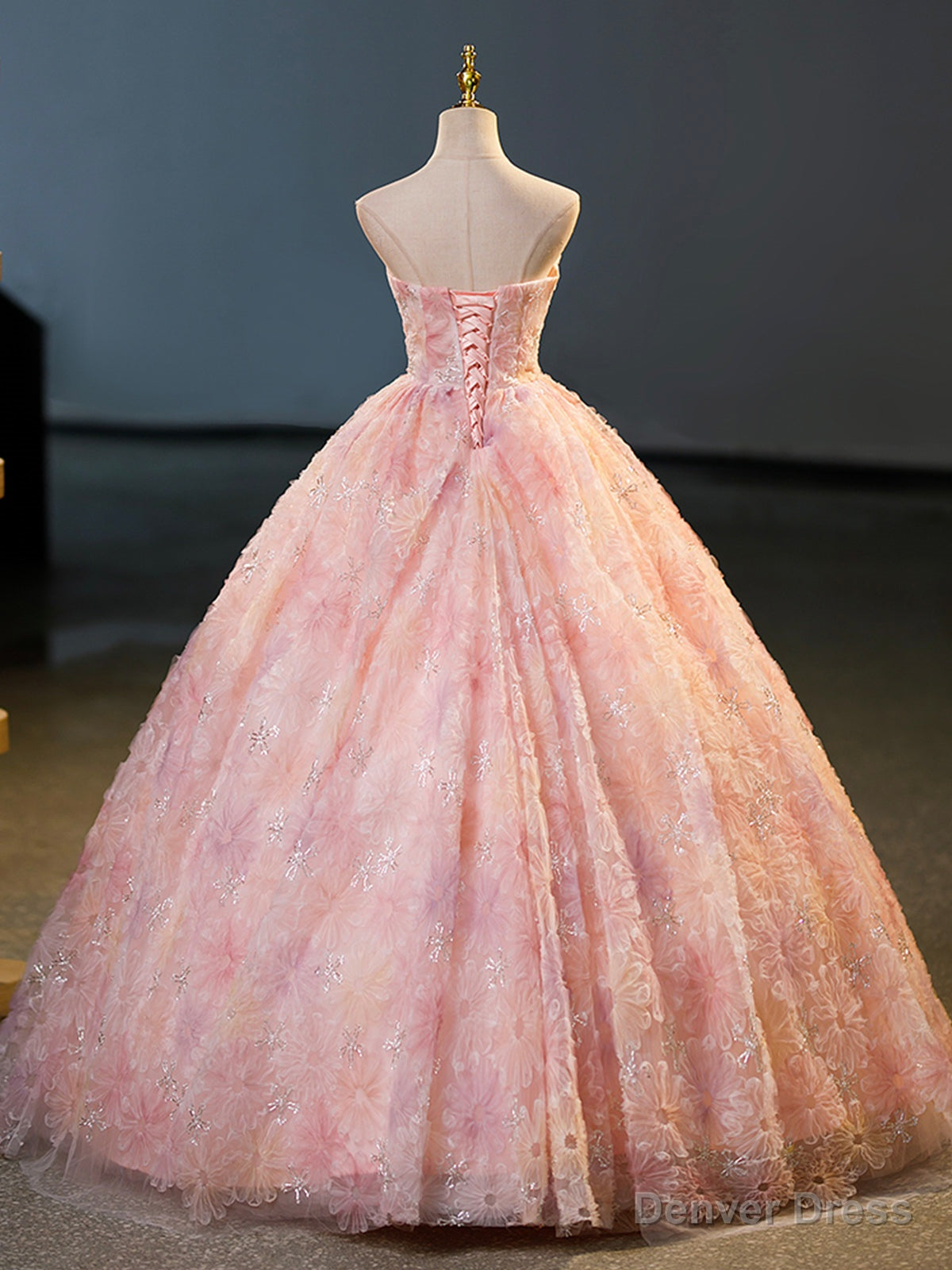 Pink Flower Long Princess Dress, Pink Strapless Prom Dresses
