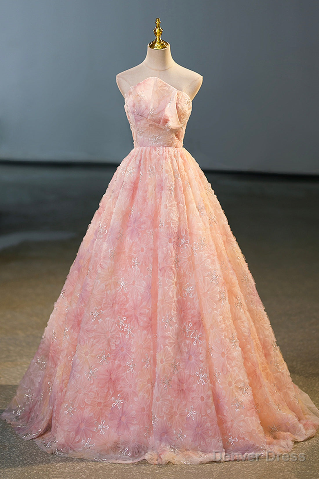 Pink Flower Long Princess Dress, Pink Strapless Prom Dresses Secondary image