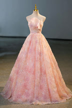 Pink Flower Long Princess Dress, Pink Strapless Prom Dresses