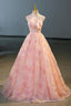 Pink Flower Long Princess Dress, Pink Strapless Prom Dresses