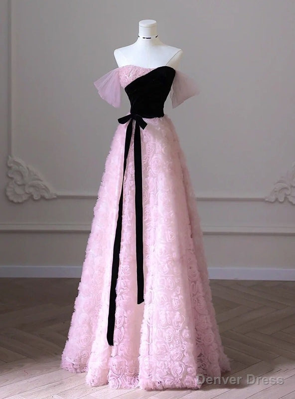 Pink Flower Strapless Black Velvet Prom Dresses Main image