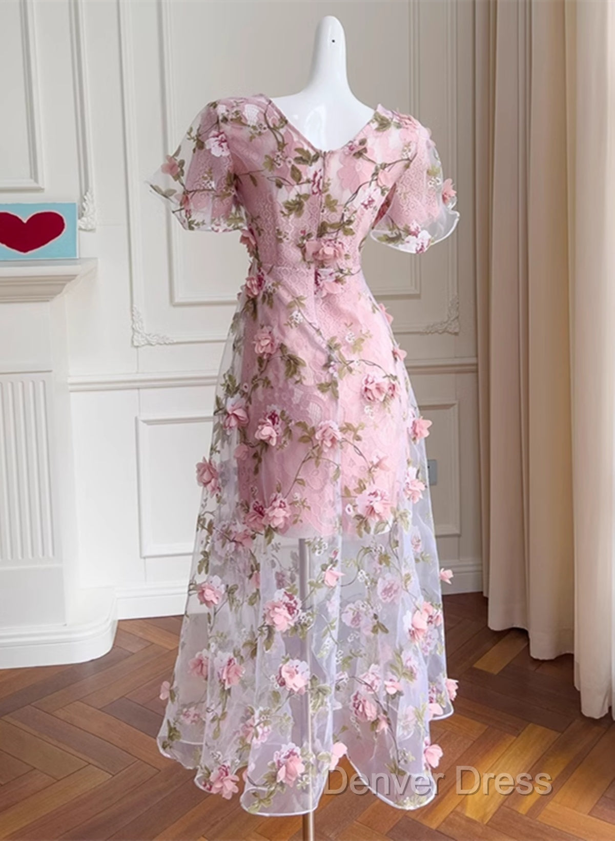 Pink Flowers Lace Short Sleeves Prom Dress, Pink 3D Flowers Prom Dresses