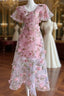 Pink Flowers Lace Short Sleeves Prom Dress, Pink 3D Flowers Prom Dresses