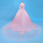 Pink Flowers Long Prom Dress, Pink Sweet 16 Gowns Prom Dresses