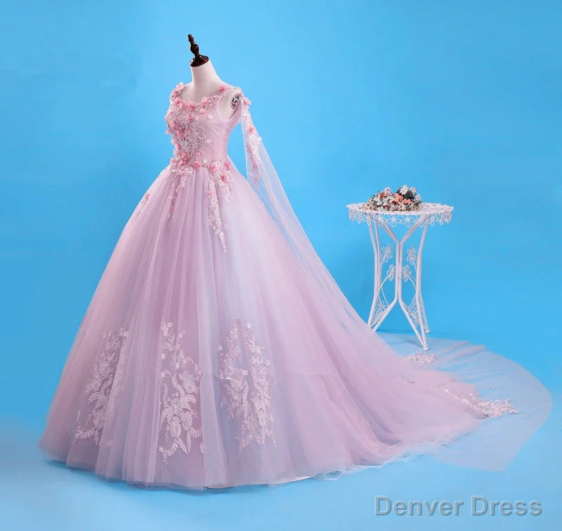 Pink Flowers Long Prom Dress, Pink Sweet 16 Gowns Prom Dresses Main image