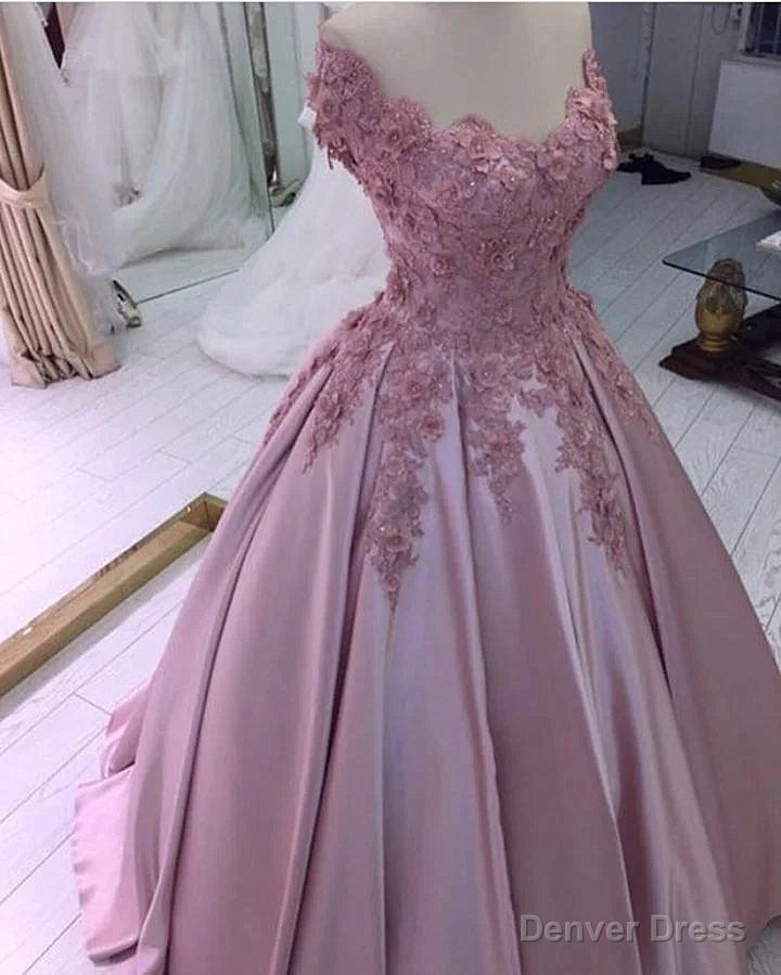 Pink Flowers Off Shoulder Satin Ball Gowns Prom Dress, Pink Prom Dress Main image