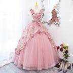 Pink Flowers Round Neckline Floor Length Sweet 16 Dress, Pink Long Prom Dresses