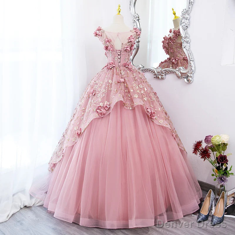 Pink Flowers Round Neckline Floor Length Sweet 16 Dress, Pink Long Prom Dresses