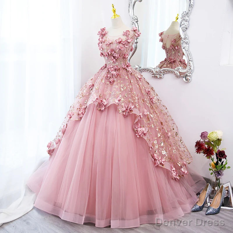 Pink Flowers Round Neckline Floor Length Sweet 16 Dress, Pink Long Prom Dresses Main image