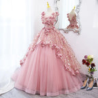 Pink Flowers Round Neckline Floor Length Sweet 16 Dress, Pink Long Prom Dresses