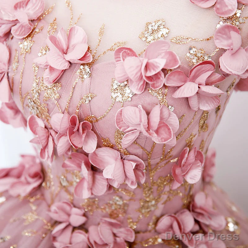 Pink Flowers Round Neckline Floor Length Sweet 16 Dress, Pink Long Prom Dresses