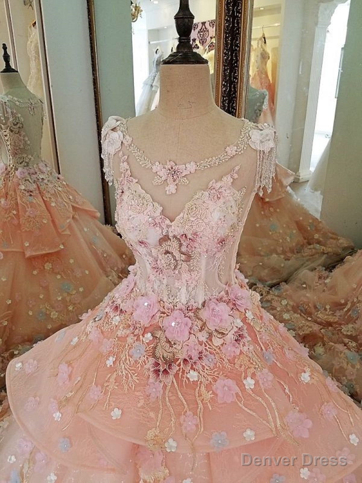 Pink Flowers Round Neckline Sweet 16 Dress, Pink Quinceanera Dresses