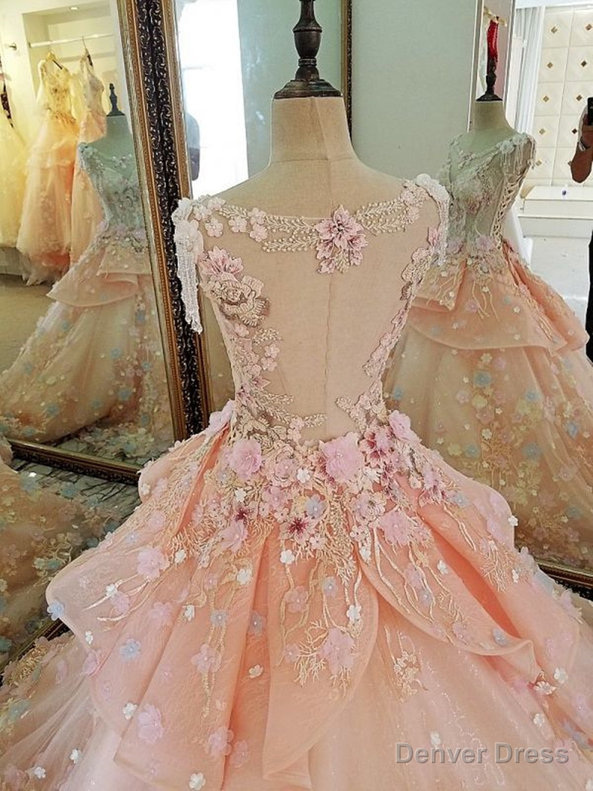 Pink Flowers Round Neckline Sweet 16 Dress, Pink Quinceanera Dresses