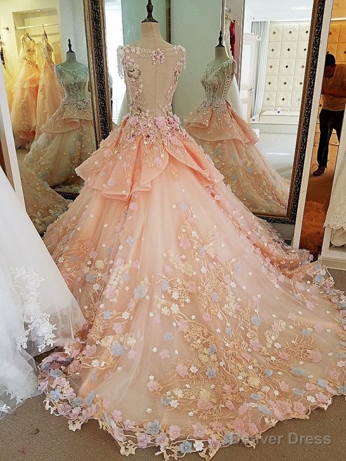 Pink Flowers Round Neckline Sweet 16 Dress, Pink Quinceanera Dresses Secondary image