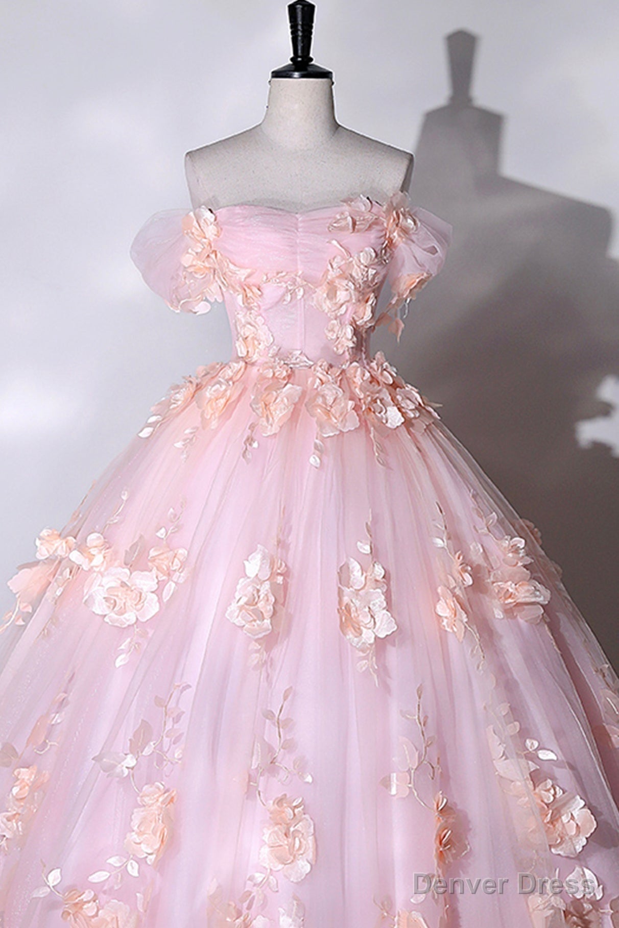 Pink Flowers Sweetheart Ball Gowns Prom Dress, Pink Long Sweet 16 Dresses
