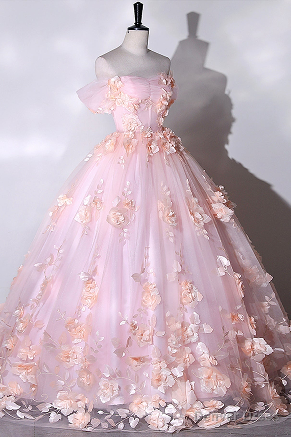 Pink Flowers Sweetheart Ball Gowns Prom Dress, Pink Long Sweet 16 Dresses Main image