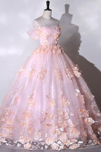 Pink Flowers Sweetheart Ball Gowns Prom Dress, Pink Long Sweet 16 Dresses