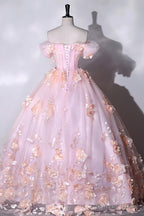 Pink Flowers Sweetheart Ball Gowns Prom Dress, Pink Long Sweet 16 Dresses