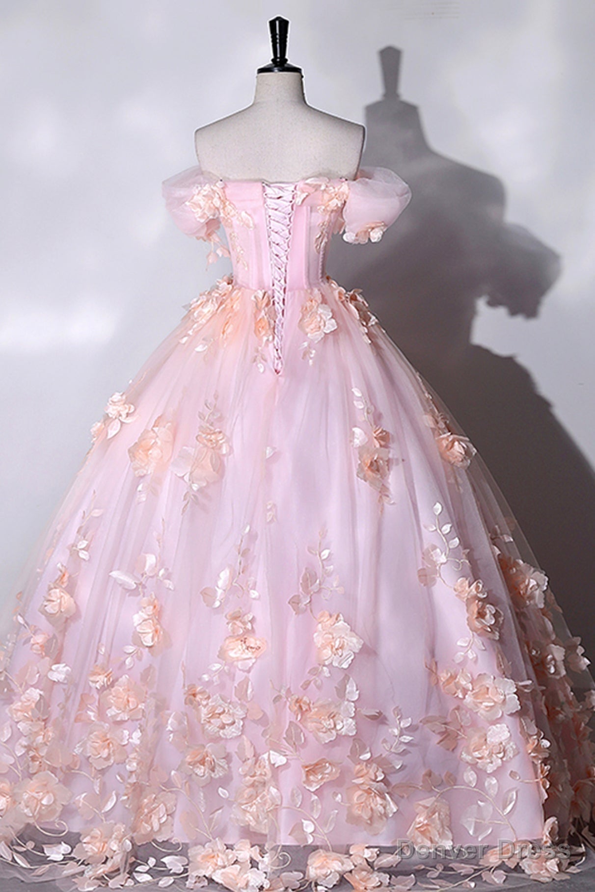Pink Flowers Sweetheart Ball Gowns Prom Dress, Pink Long Sweet 16 Dresses