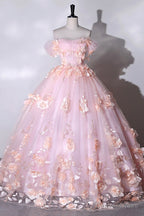 Pink Flowers Sweetheart Ball Gowns Prom Dress, Pink Long Sweet 16 Dresses
