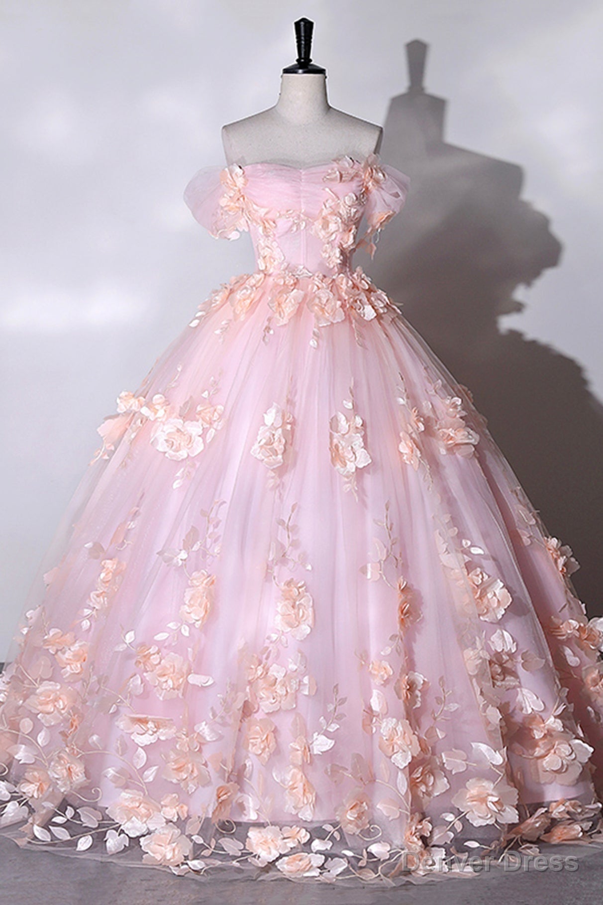 Pink Flowers Sweetheart Ball Gowns Prom Dress, Pink Long Sweet 16 Dresses