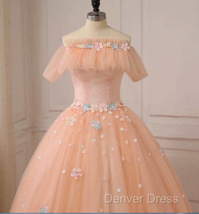 Pink Flowers Tulle Off Shoulder Prom Dress, Pink Tulle Sweet 16 Dresses Secondary image