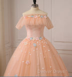 Pink Flowers Tulle Off Shoulder Prom Dress, Pink Tulle Sweet 16 Dresses