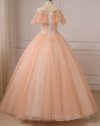 Pink Flowers Tulle Off Shoulder Prom Dress, Pink Tulle Sweet 16 Dresses