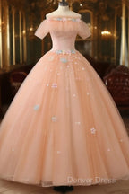 Pink Flowers Tulle Off Shoulder Party Dresses, Pink Tulle Sweet 16 Dresses