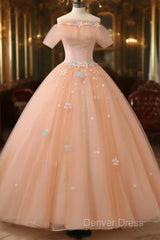 Pink Flowers Tulle Off Shoulder Party Dresses, Pink Tulle Sweet 16 Dresses