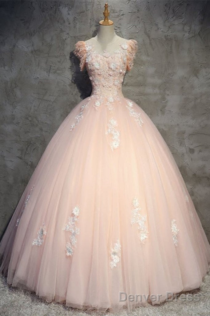 Pink Gorgeous Tulle And Lace Cap Sleeves Sweet 16 Dresses, Pink Prom Gowns