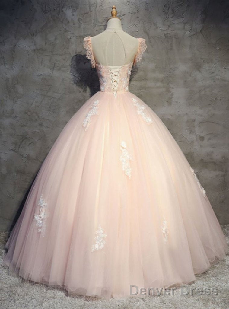 Pink Gorgeous Tulle And Lace Cap Sleeves Sweet 16 Dresses, Pink Prom Gowns