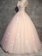 Pink Gorgeous Tulle And Lace Cap Sleeves Sweet 16 Dresses, Pink Prom Gowns