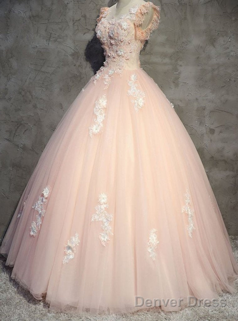 Pink Gorgeous Tulle And Lace Cap Sleeves Sweet 16 Dresses, Pink Prom Gowns