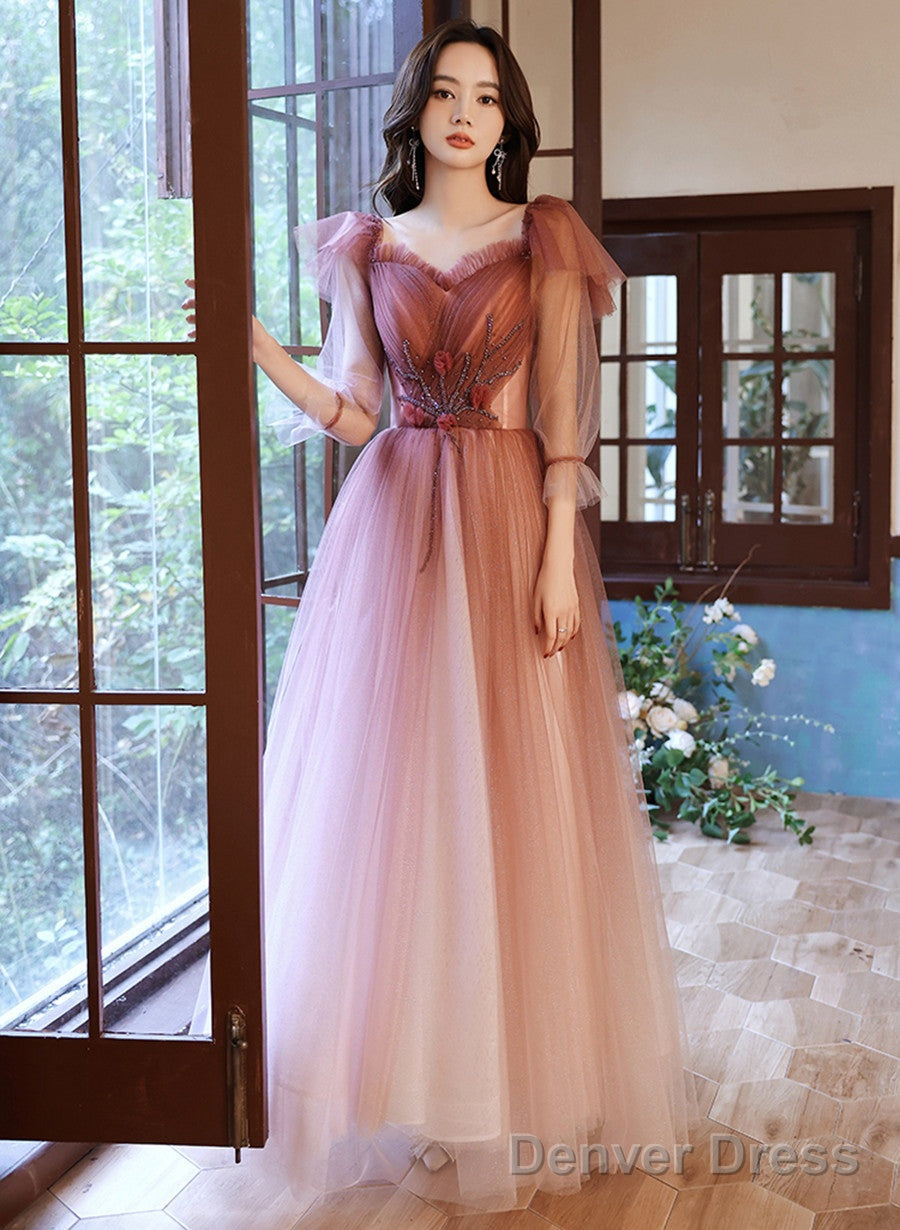 Pink Gradient Tulle A Line Puffy Sleeves Prom Dress, Pink Long Prom Dresses Secondary image